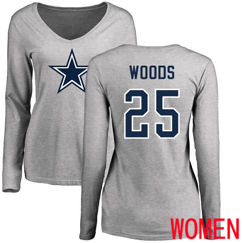 Women Dallas Cowboys Ash Xavier Woods Name and Number Logo Slim Fit #25 Long Sleeve Nike NFL T Shirt